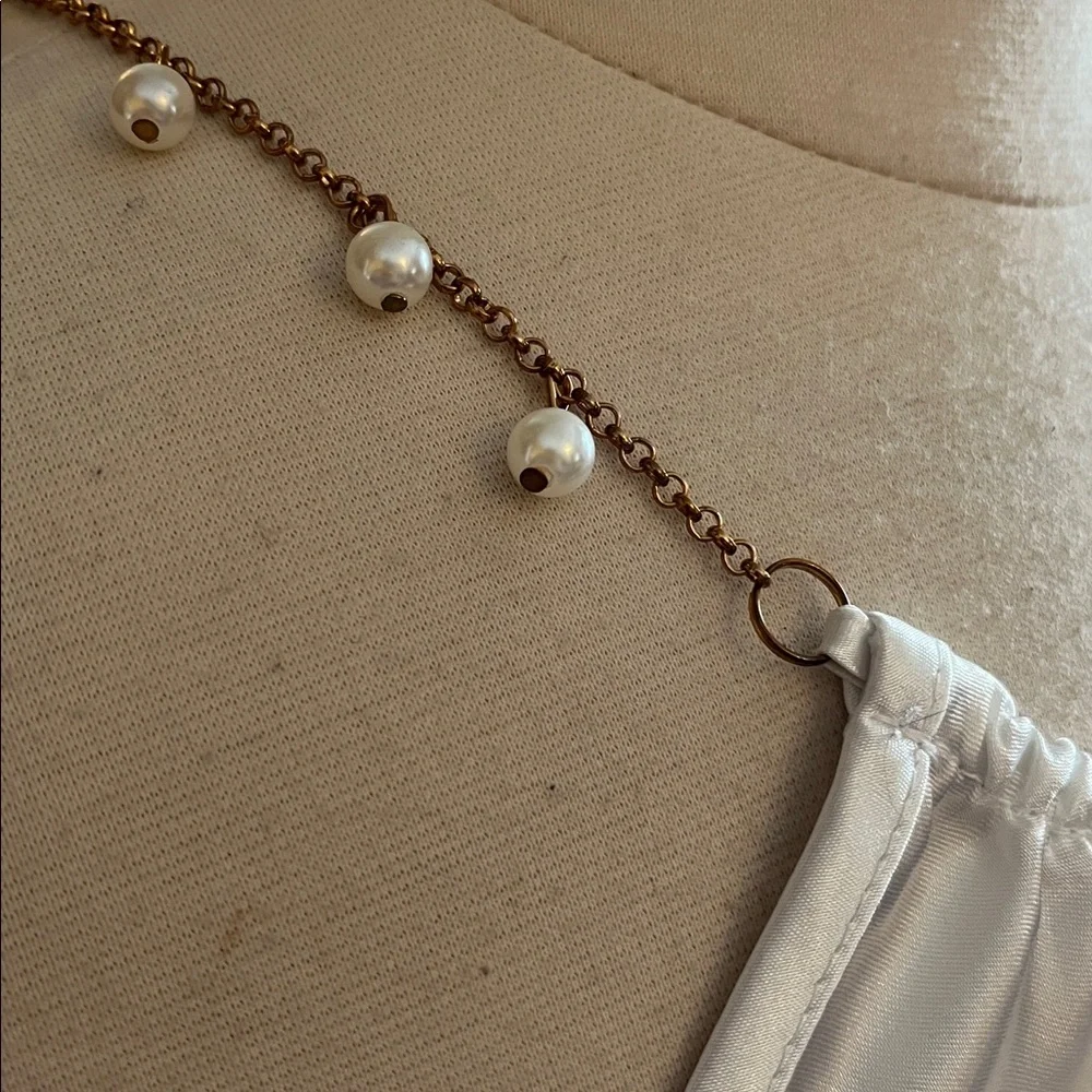Nicole Miller white satin halter top, gold pearl-beaded necklace-style strap M - Picture 6 of 10